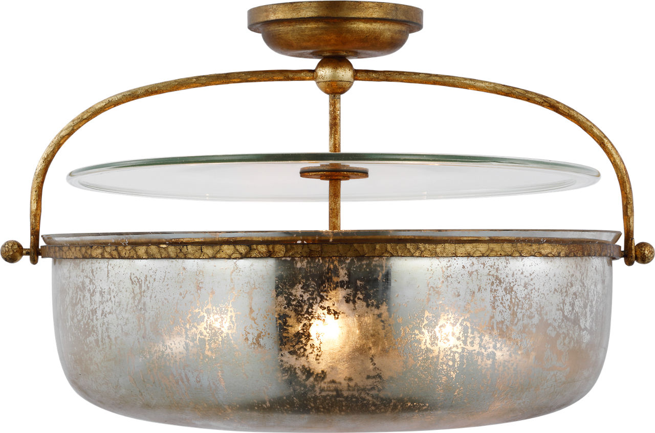 Lorford Large Semi Flush Lantern in Gilded Iron with Antique Mercury Glass