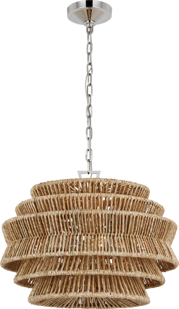Antigua Small Drum Chandelier in Polished Nickel and Natural Abaca