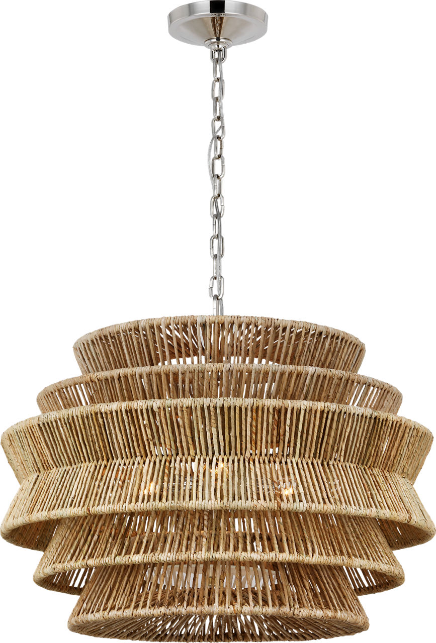 Antigua Medium Drum Chandelier in Polished Nickel and Natural Abaca
