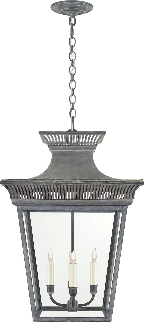 Elsinore Large Hanging Lantern in Weathered Zinc with Clear Glass