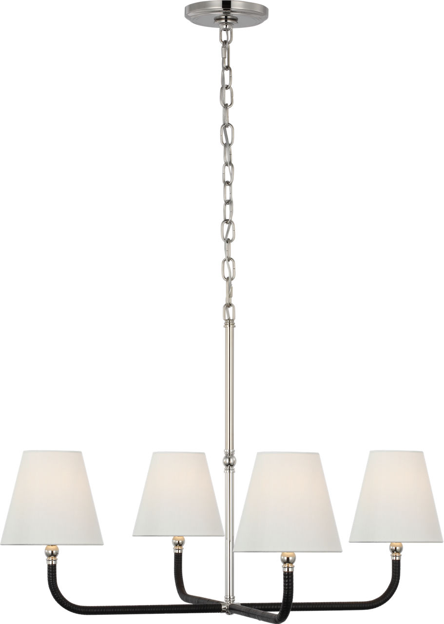 Basden Medium Single Tier Chandelier in Polished Nickel and Black Rattan with Linen Shades