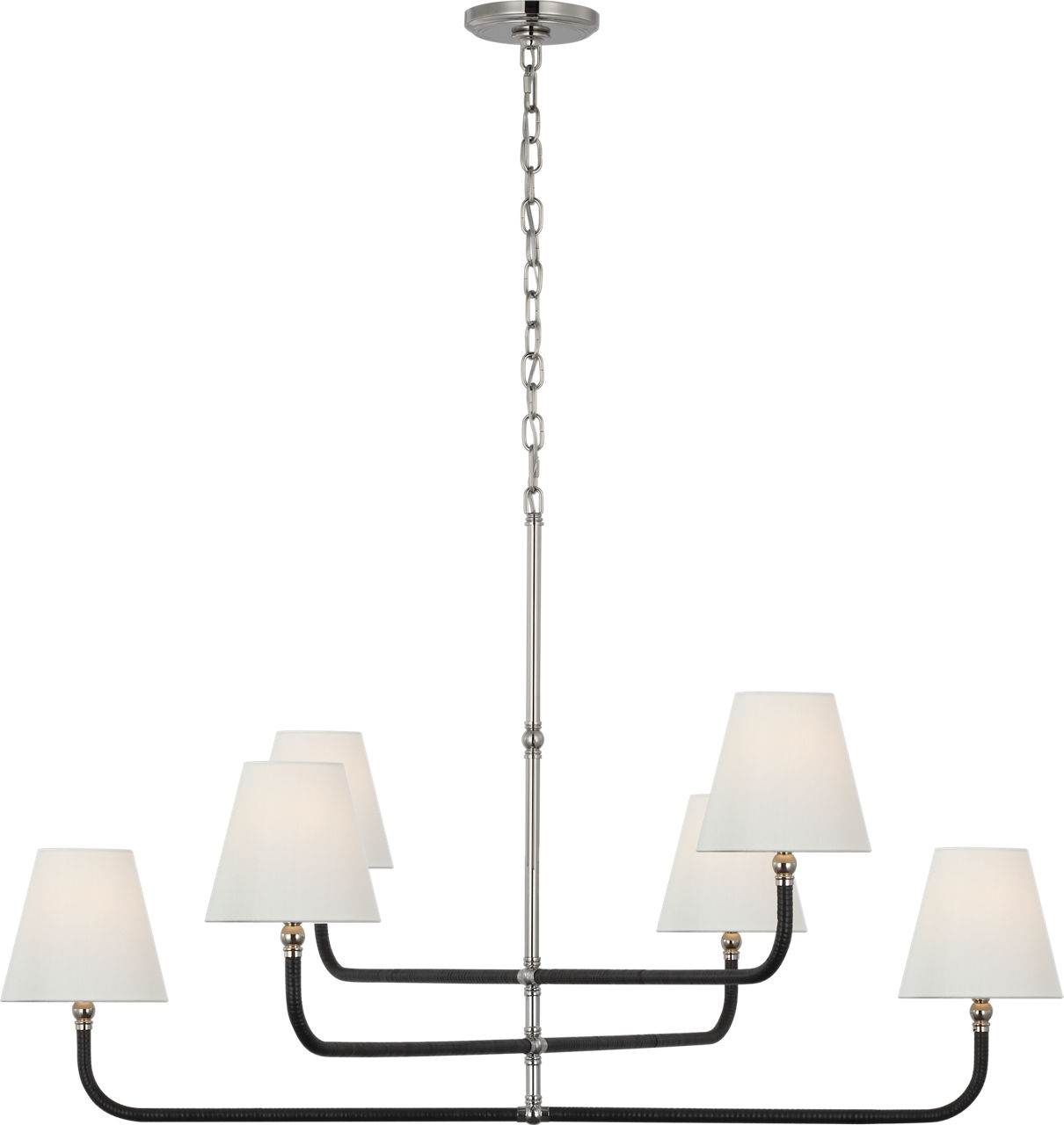 Basden Extra Large Three Tier Chandelier in Polished Nickel and Black Rattan with Linen Shades