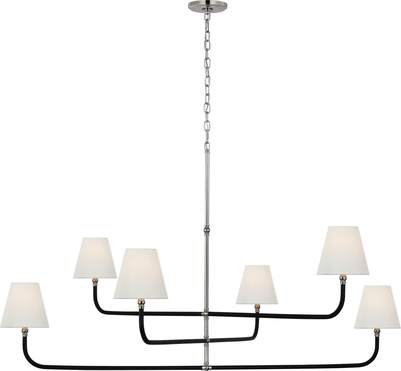 Basden Grande Three Tier Chandelier in Polished Nickel and Black Rattan with Linen Shades