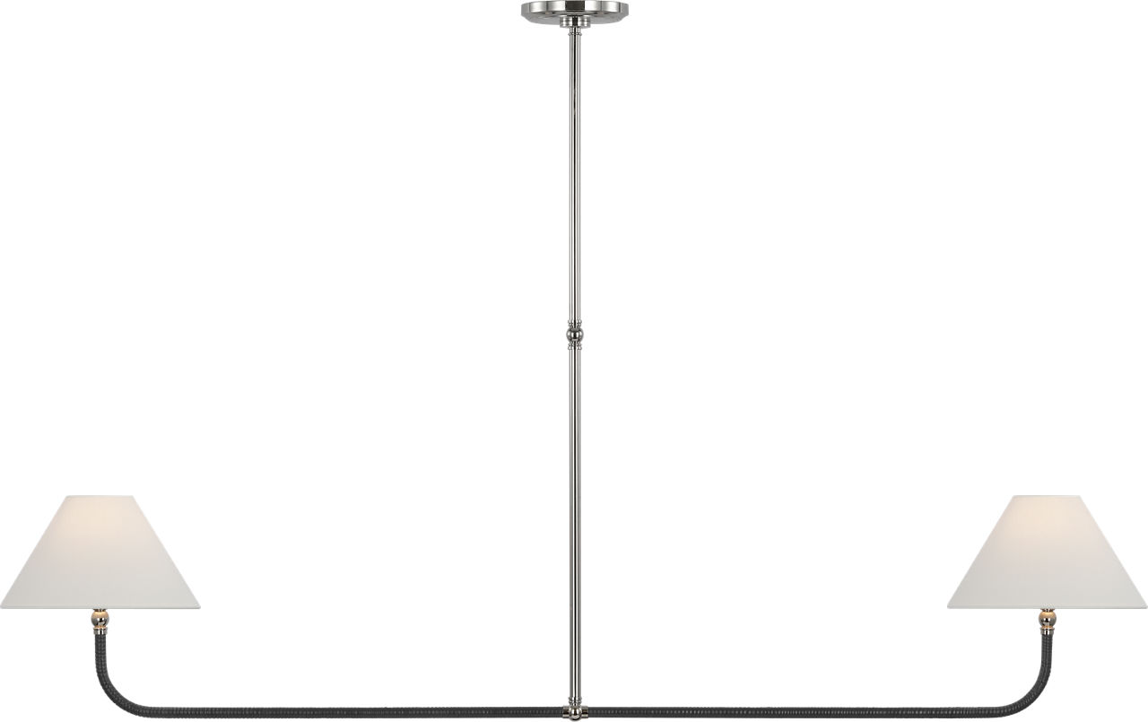 Basden Extra Large Linear Chandelier in Polished Nickel and Black Rattan with Linen Shades