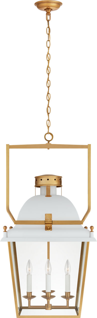 Coventry Medium Lantern in Matte White and Antique-Burnished Brass with Clear Glass