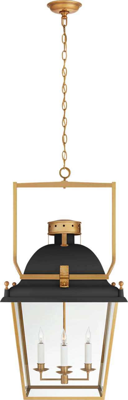 Coventry Large Lantern in Matte Black and Antique-Burnished Brass with Clear Glass