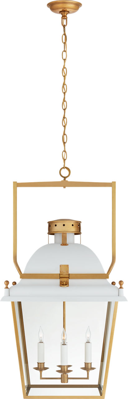 Coventry Large Lantern in Matte White and Antique-Burnished Brass with Clear Glass