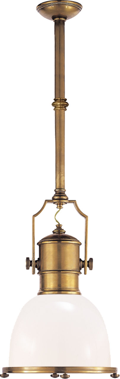 Country Industrial Small Pendant in Antique-Burnished Brass with White Glass Shade