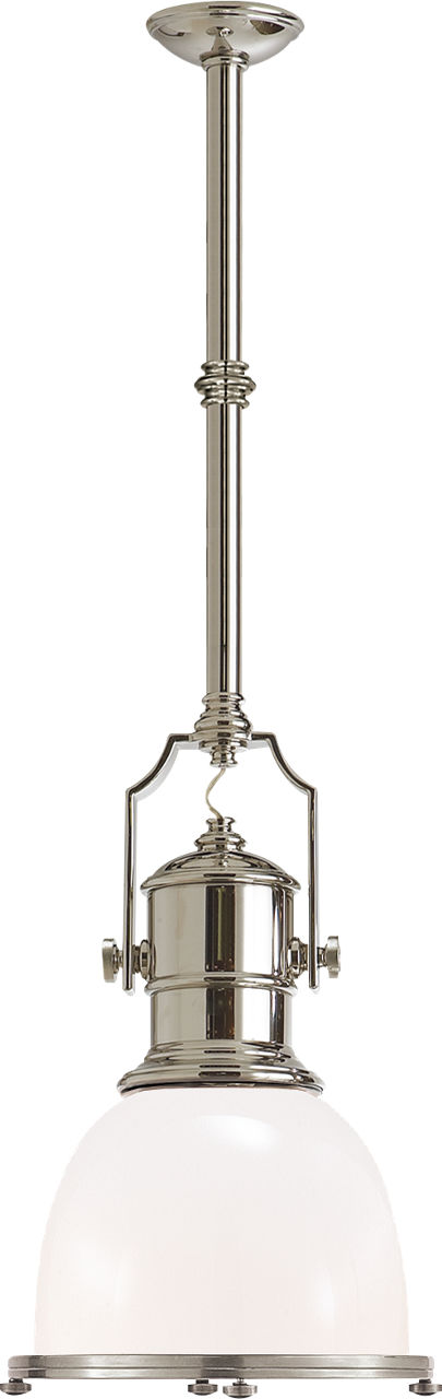 Country Industrial Small Pendant in Polished Nickel with White Glass Shade