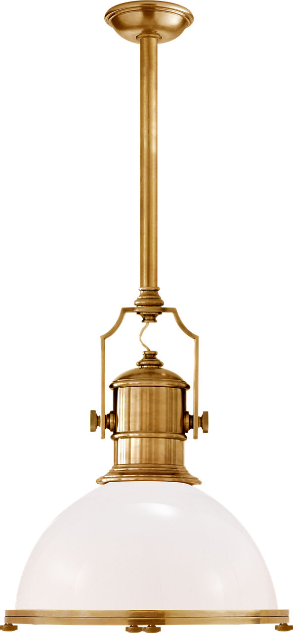 Country Industrial Large Pendant in Antique-Burnished Brass with White Glass Shade