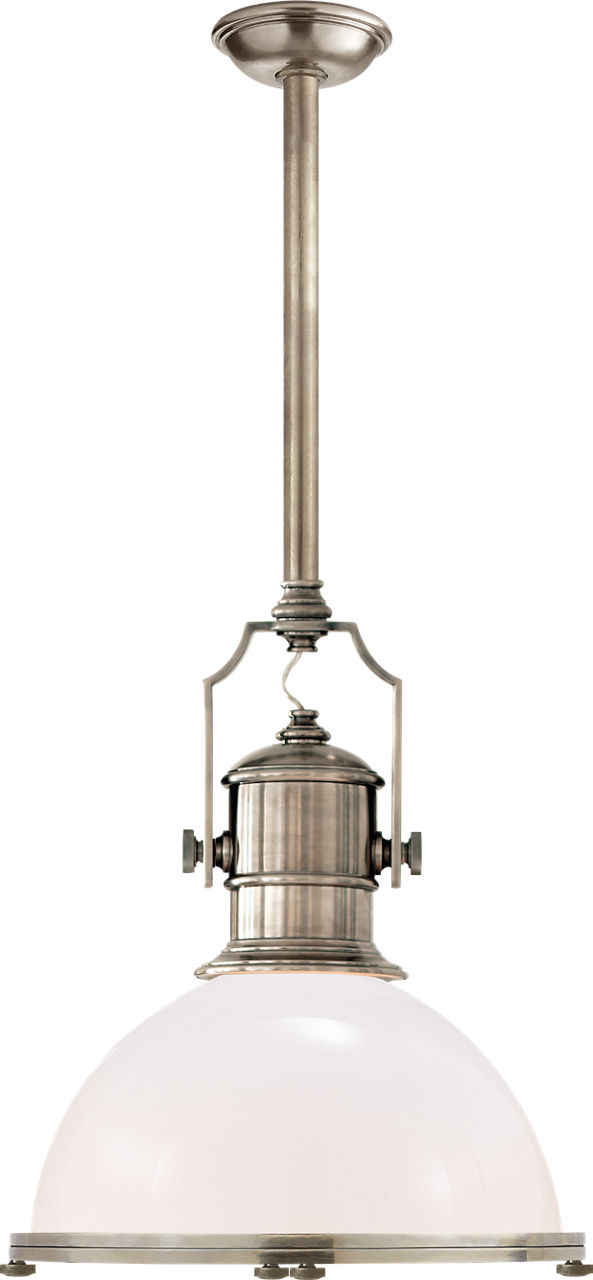 Country Industrial Large Pendant in Antique Nickel with White Glass Shade