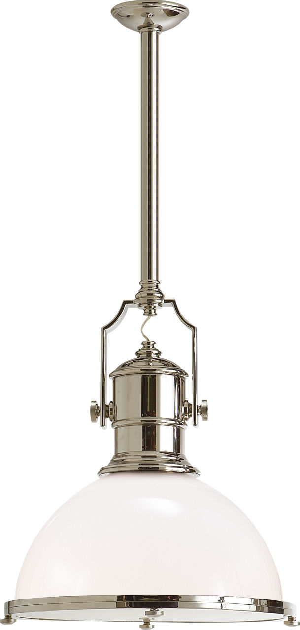 Country Industrial Large Pendant in Polished Nickel with White Glass Shade
