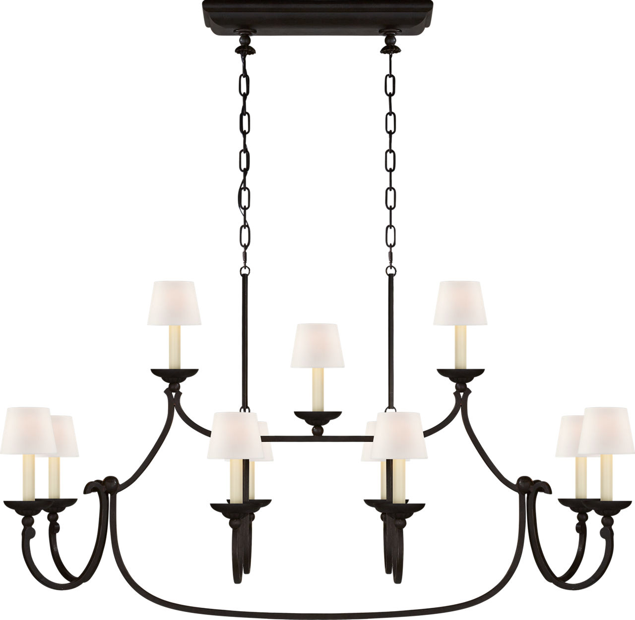 Flemish Large Linear Pendant in Aged Iron with Linen Shades