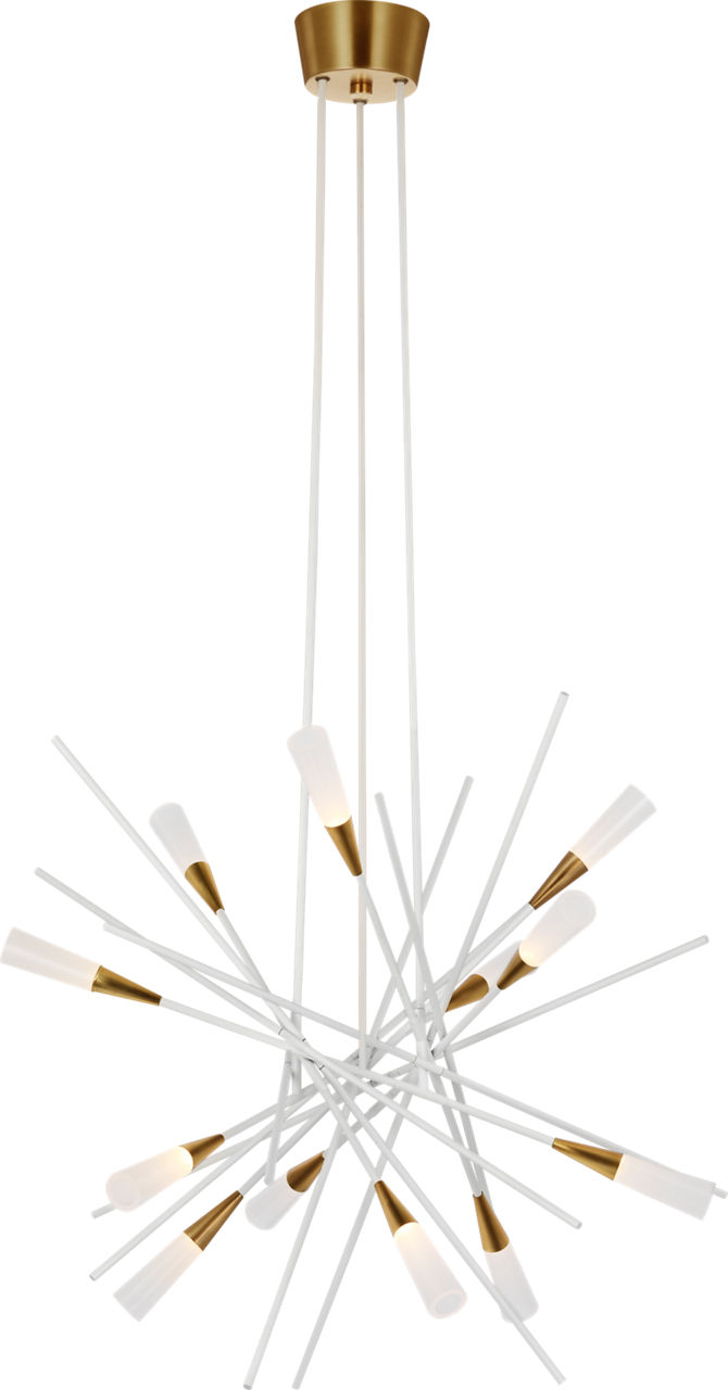 Stellar Medium Chandelier in Matte White and Antique Brass with Frosted Acrylic