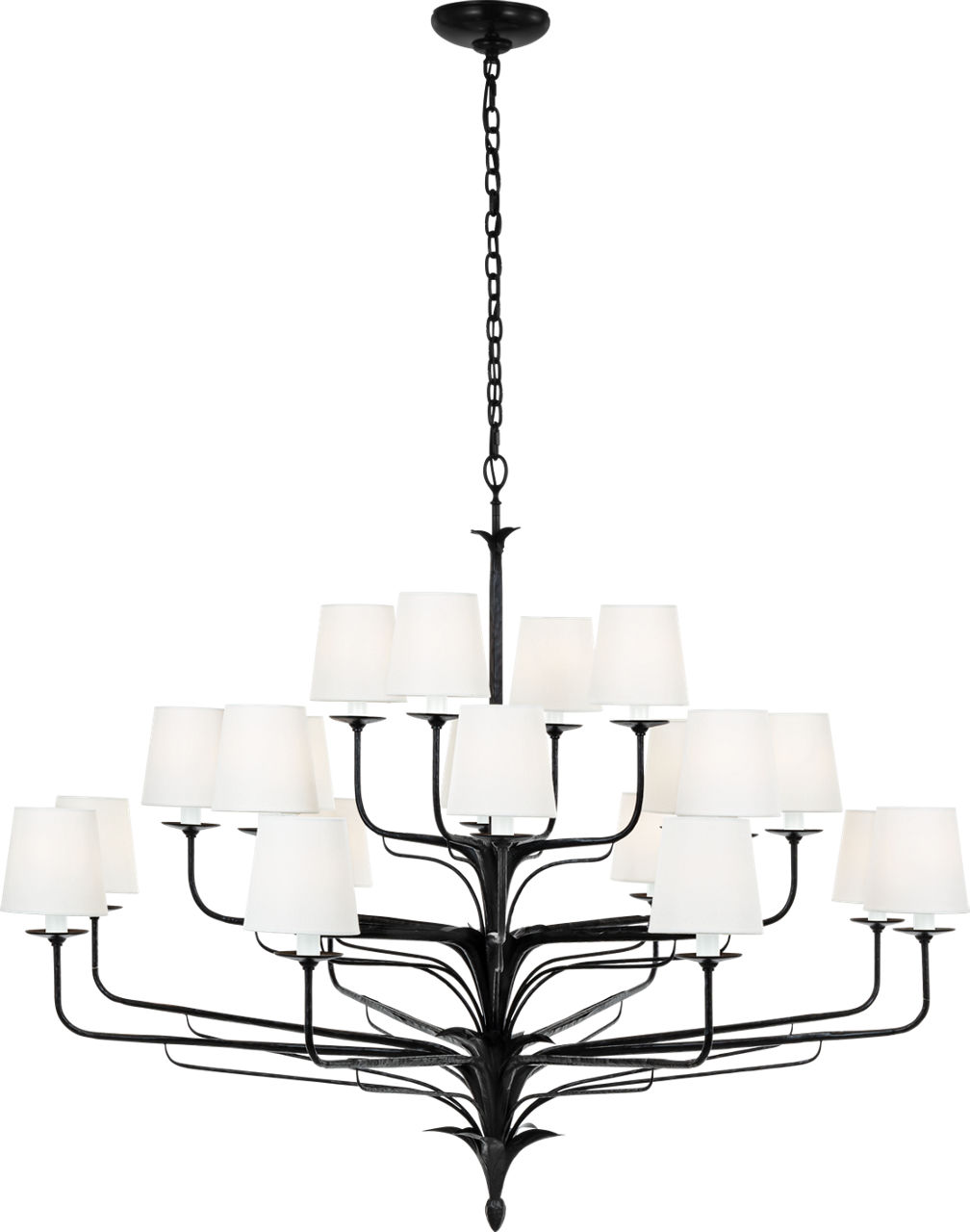 Amalfi 50" Three-Tiered Chandelier in Waxed Black with Linen Shades