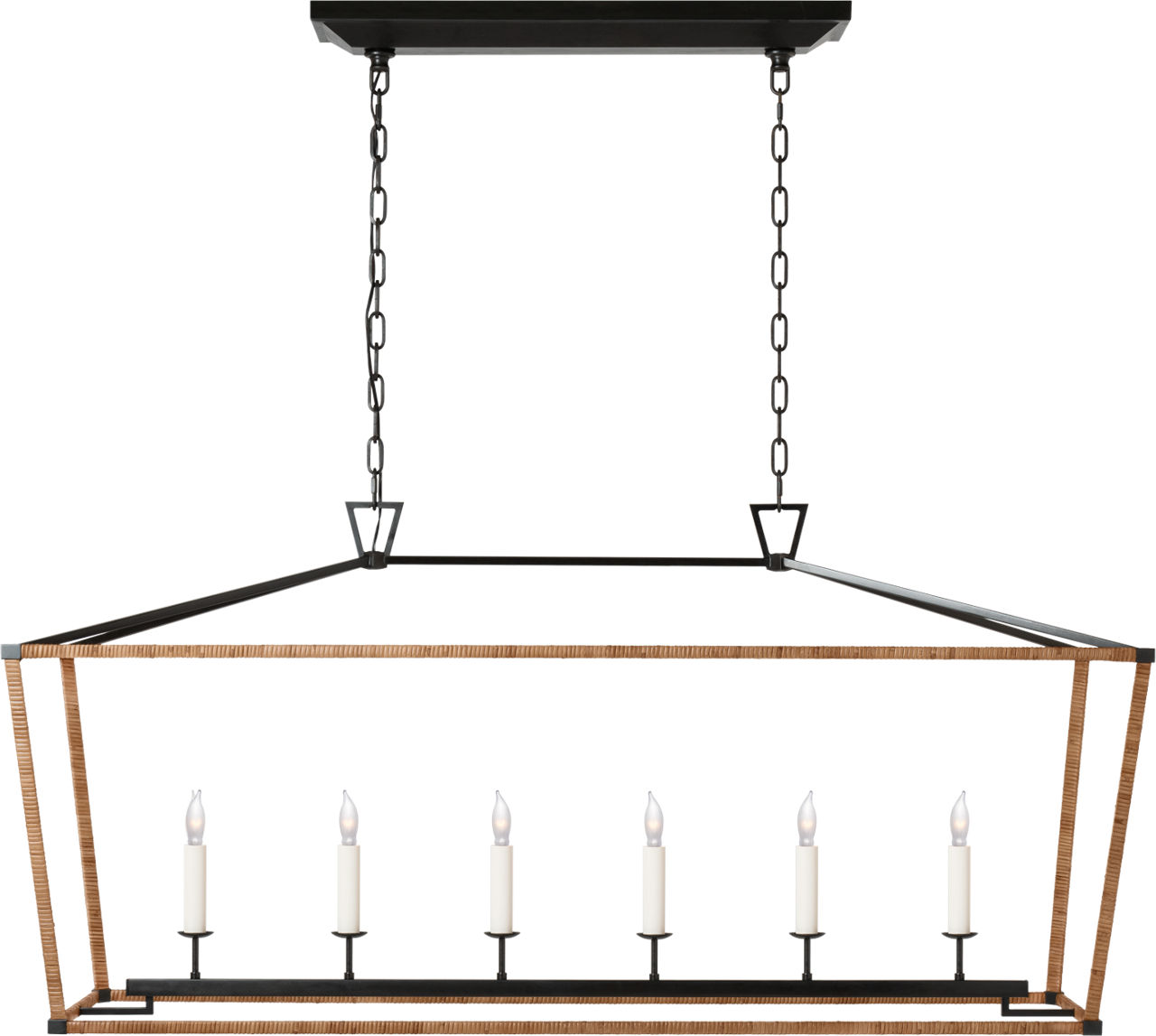 Darlana Large Rattan Wrapped Linear Lantern in Aged Iron and Natural Rattan