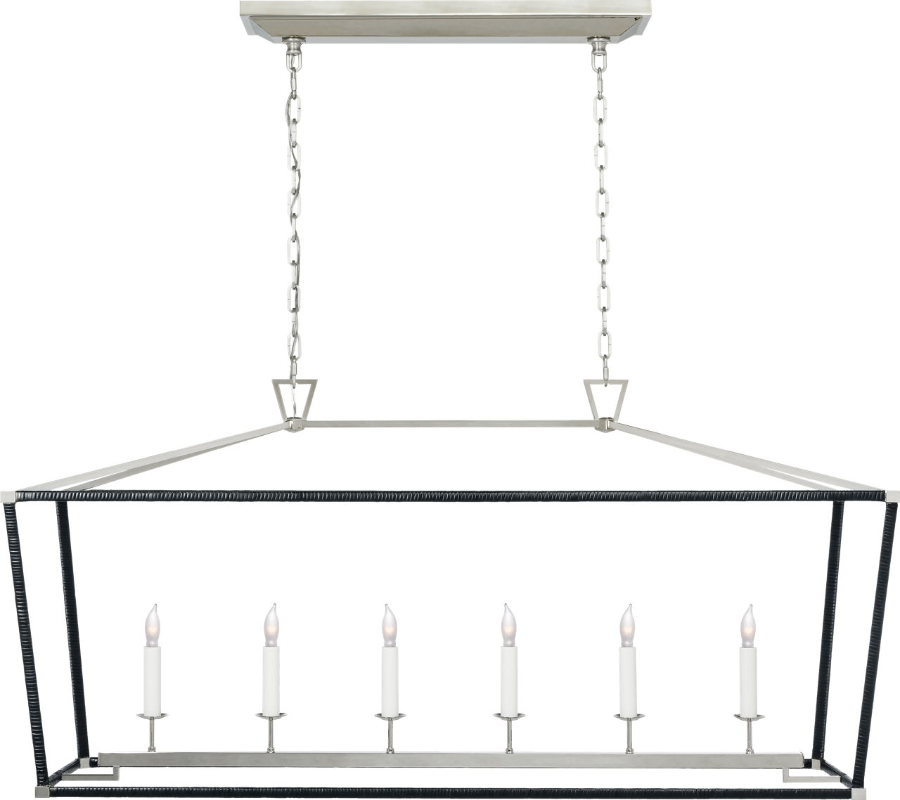Darlana Large Rattan Wrapped Linear Lantern in Polished Nickel and Black Rattan