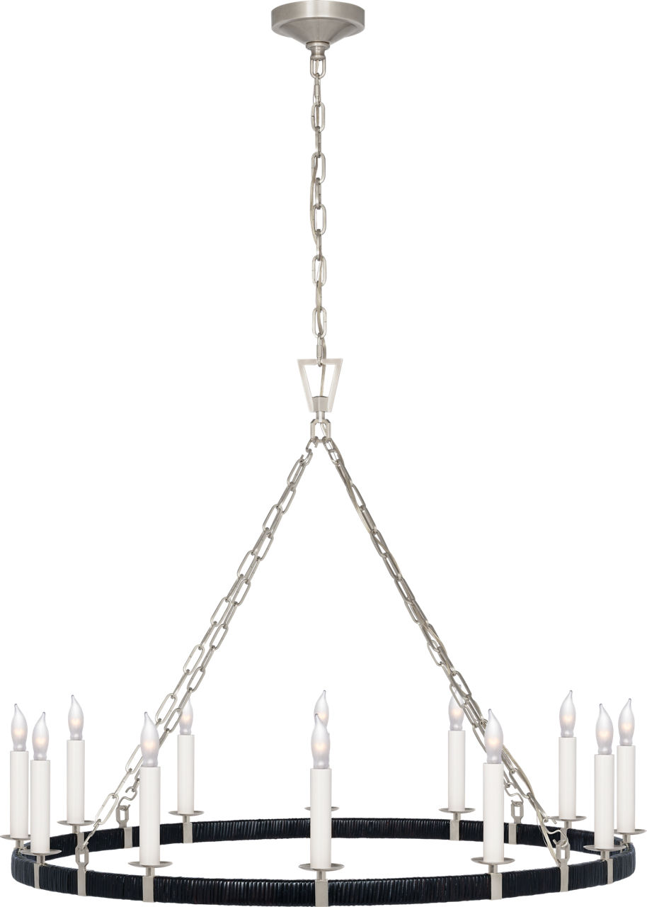 Darlana Large Wrapped Ring Chandelier in Polished Nickel and Black Rattan