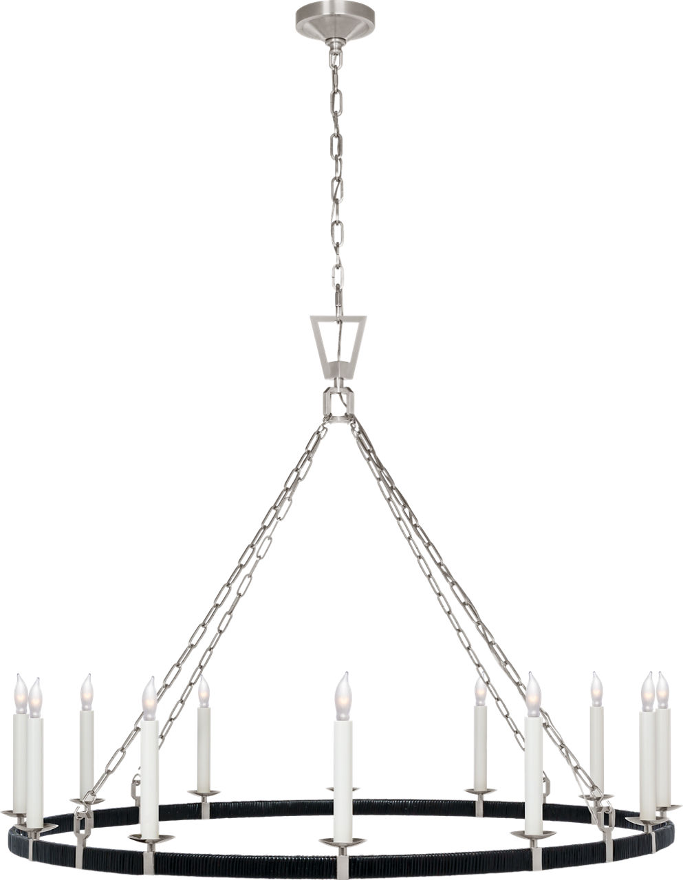 Darlana XL Wrapped Ring Chandelier in Polished Nickel and Black Rattan
