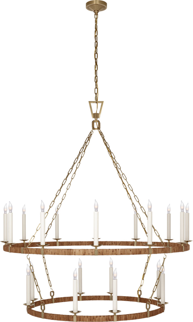 Darlana Extra Large Two Tier Chandelier in Antique-Burnished Brass and Natural Rattan