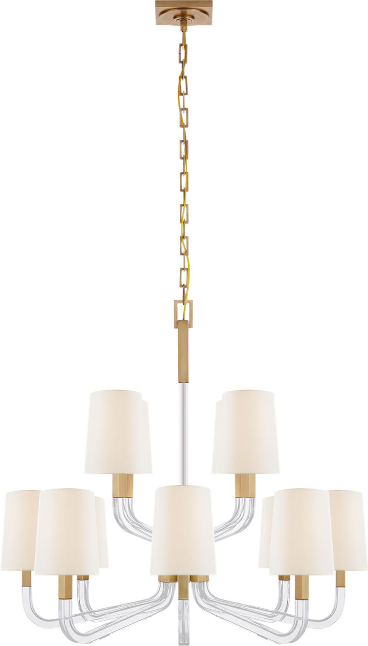 Reagan Medium Two Tier Chandelier in Antique-Burnished Brass and Crystal with Linen Shades