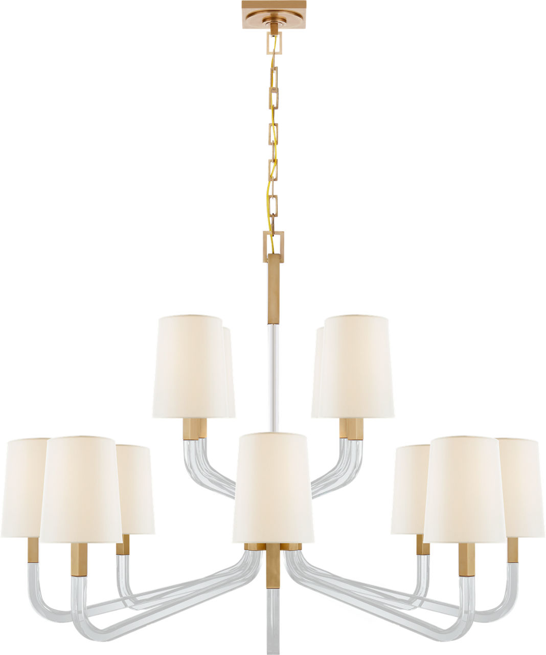 Reagan Grande Two Tier Chandelier in Antique-Burnished Brass and Crystal with Linen Shades