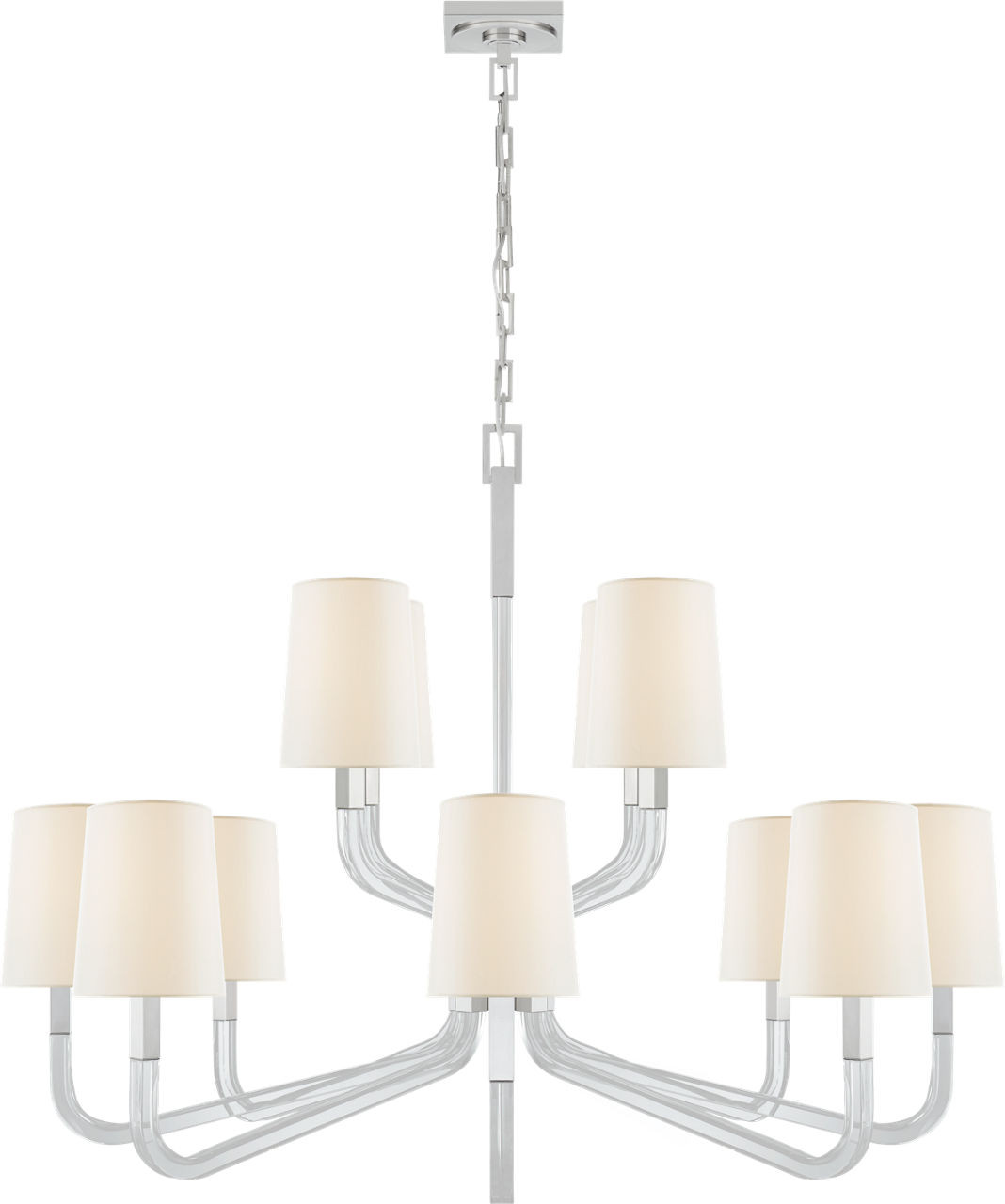 Reagan Grande Two Tier Chandelier in Polished Nickel and Crystal with Linen Shades