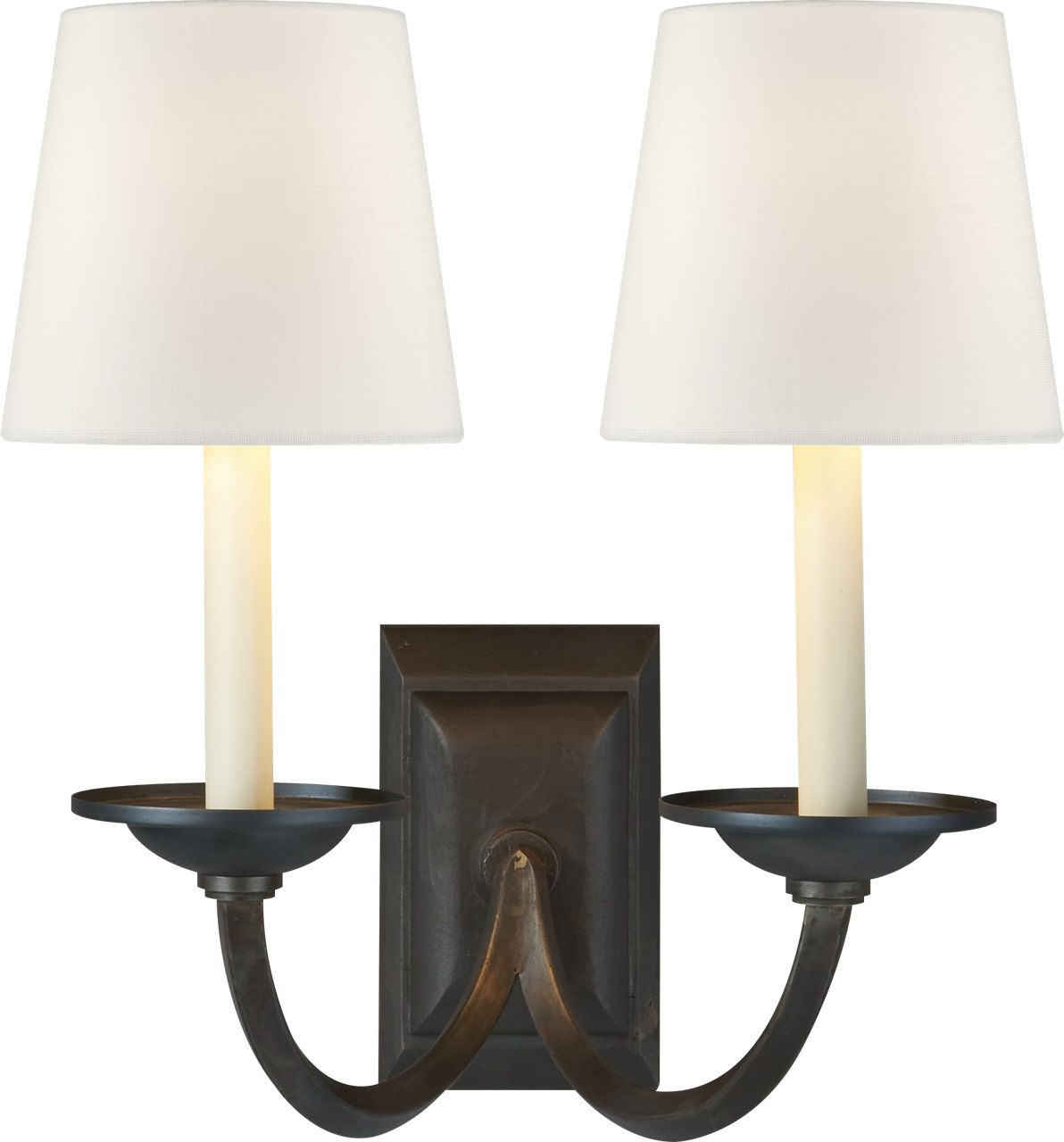 Flemish Double Sconce in Aged Iron with Linen Shades