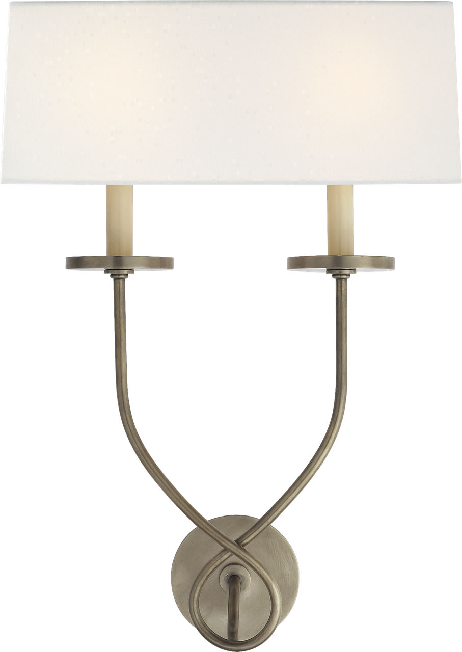 Symmetric Twist Double Sconce in Antique Nickel with Linen Shade