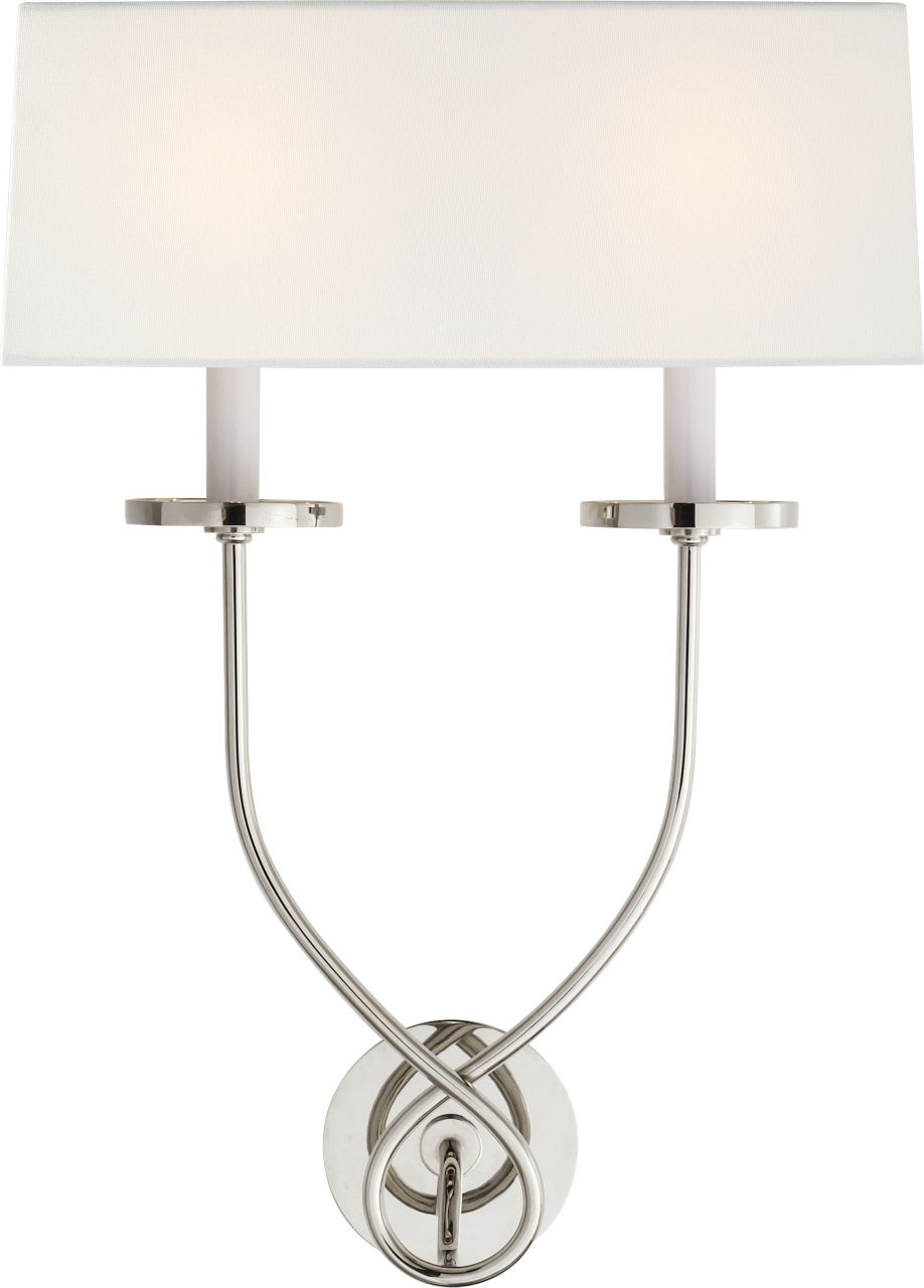 Symmetric Twist Double Sconce in Polished Nickel with Linen Shade