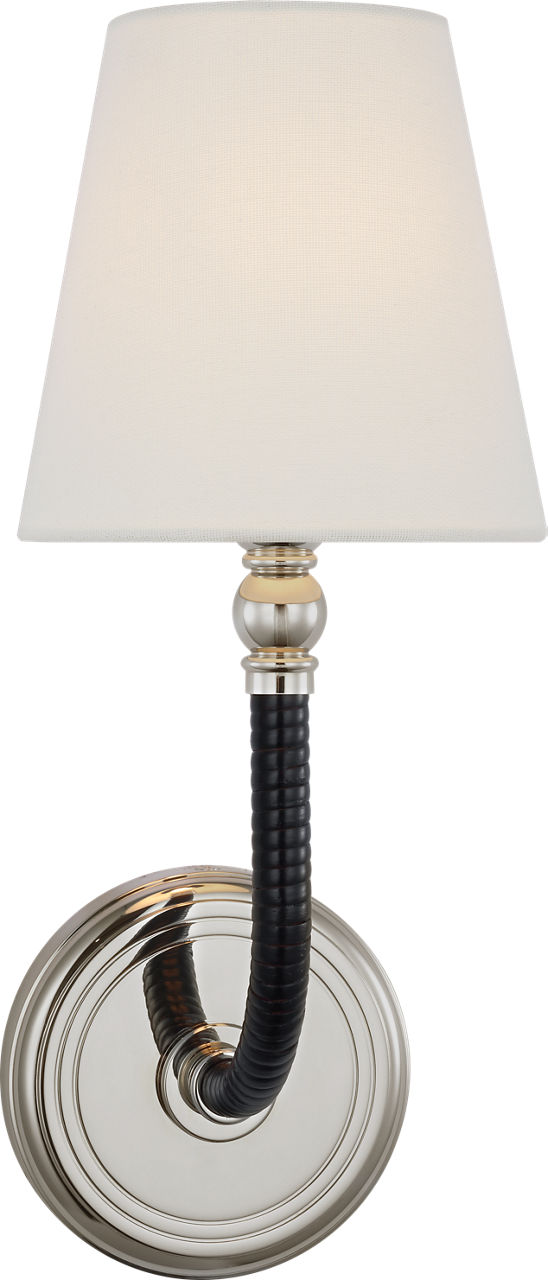 Basden Medium Sconce in Polished Nickel and Black Rattan with Linen Shade