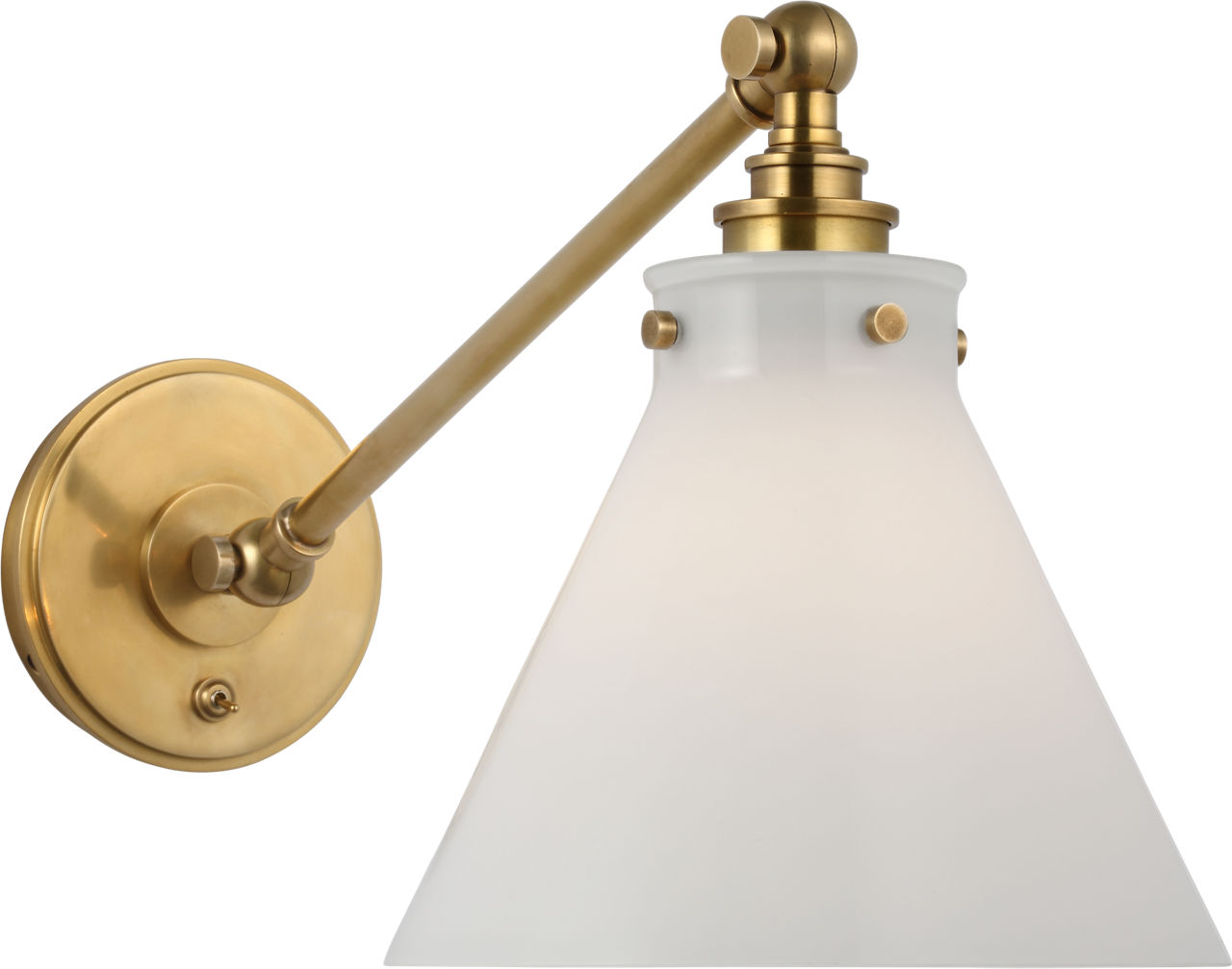 Parkington Single Library Wall Light in Antique-Burnished Brass with White Glass