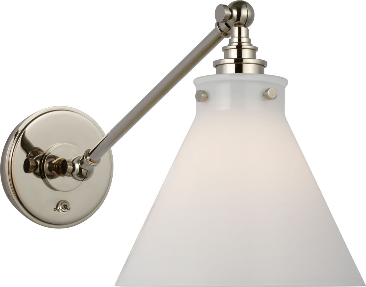 Parkington Single Library Wall Light in Polished Nickel with White Glass