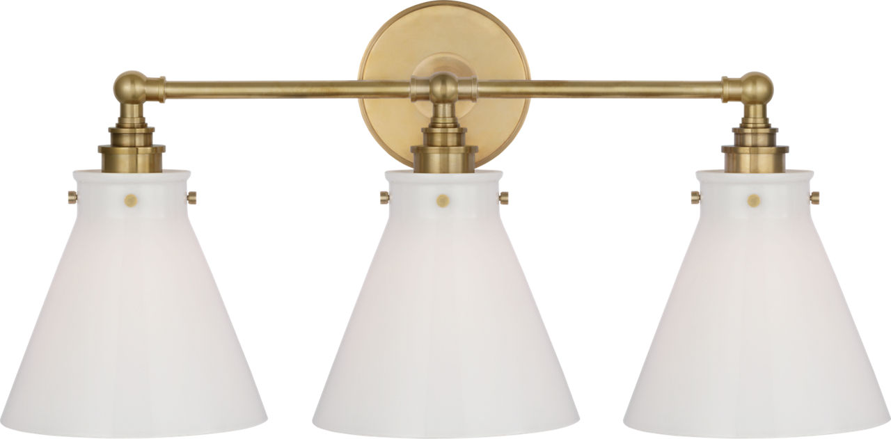 Parkington 24" Three Light Bath Bar in Antique-Burnished Brass with White Glass