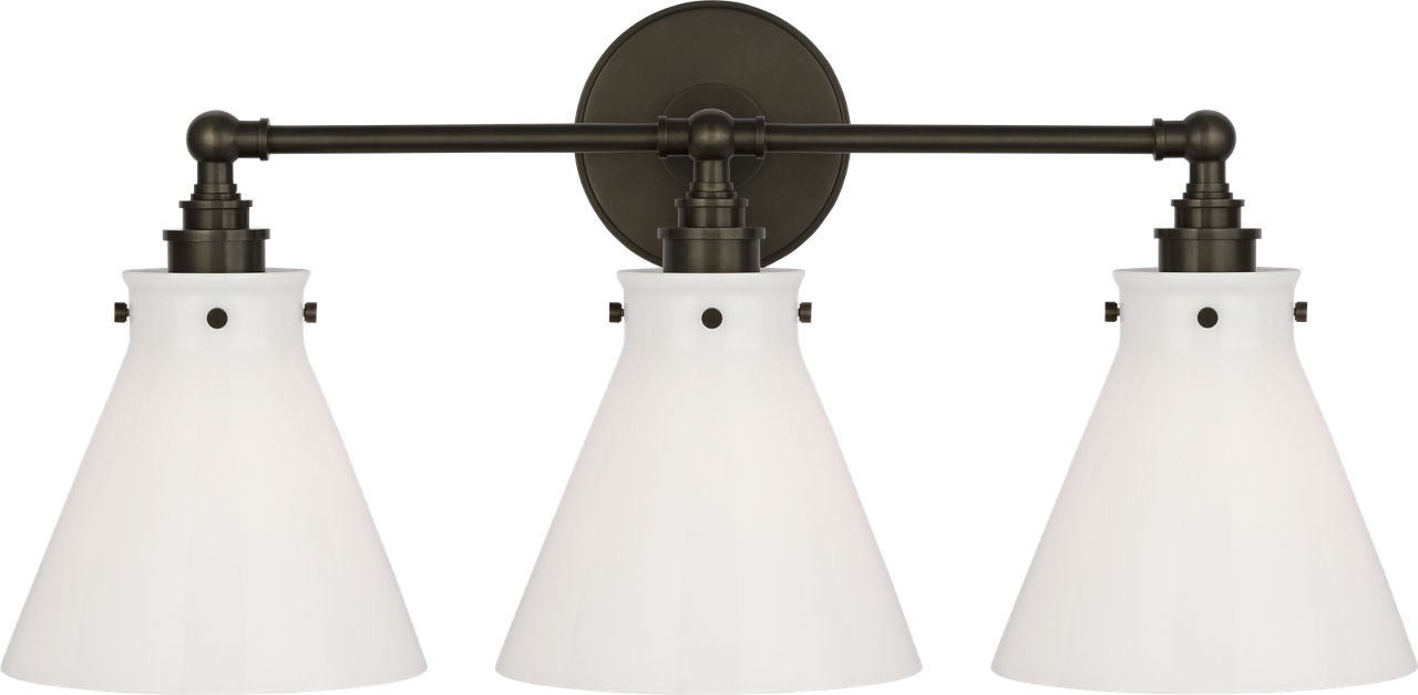 Parkington 24" Three Light Bath Bar in Bronze with White Glass