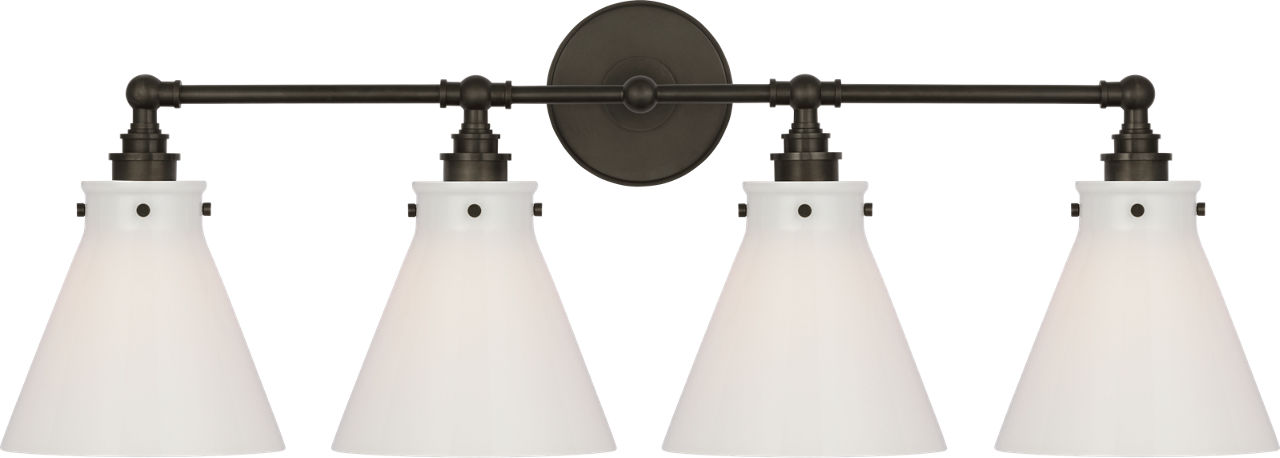 Parkington 32" Four Light Bath Bar in Bronze with White Glass