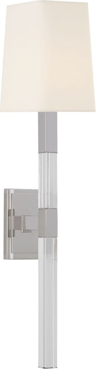 Reagan Medium Tail Sconce in Polished Nickel and Crystal with Linen Shade
