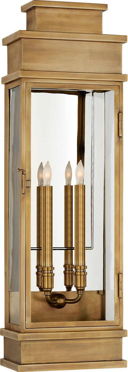 Linear Large Wall Lantern in Antique-Burnished Brass with Clear Glass