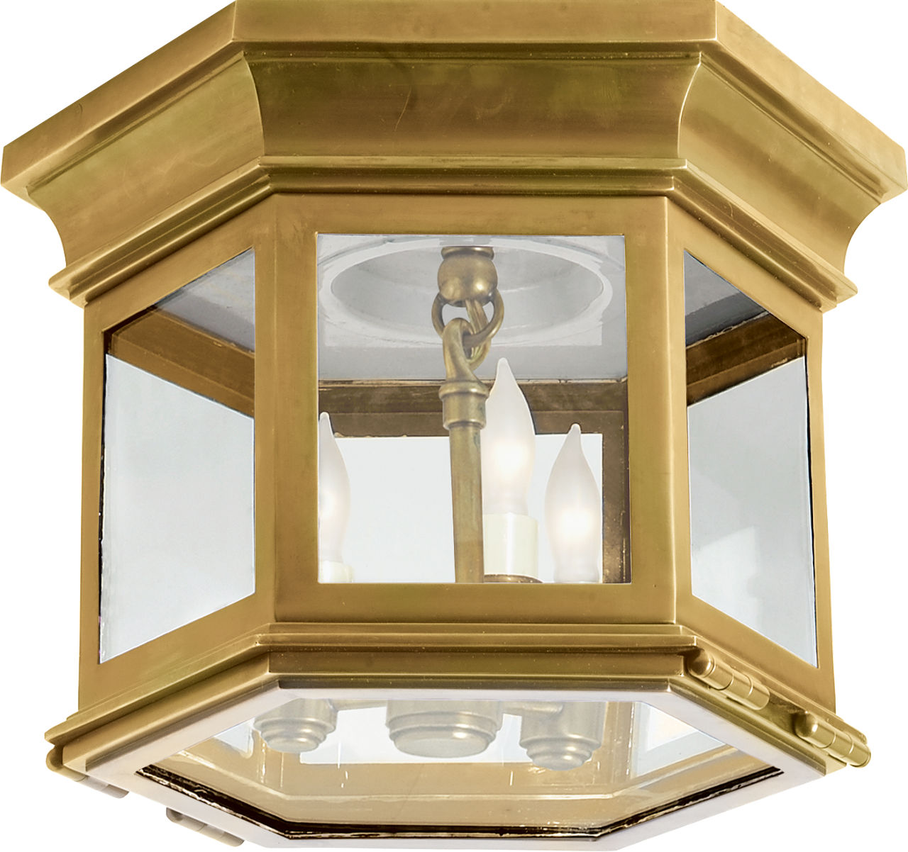 Club Small Hexagonal Outdoor Flush Mount in Antique-Burnished Brass with Clear Glass