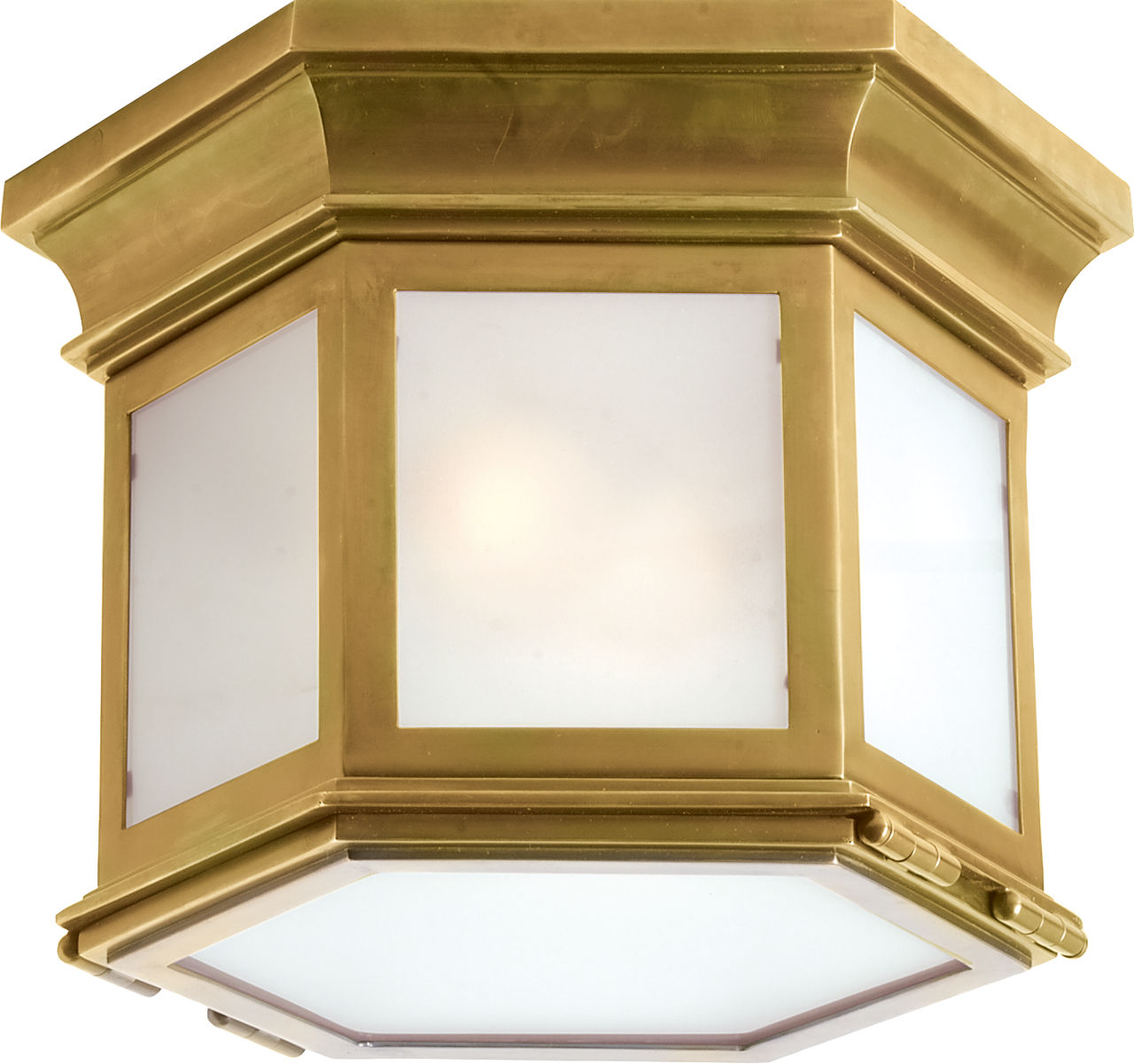Club Small Hexagonal Outdoor Flush Mount in Antique-Burnished Brass with Frosted Glass