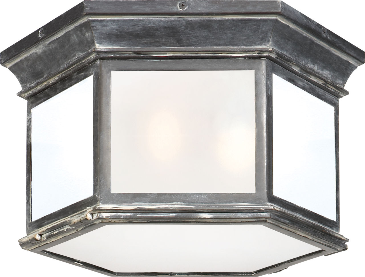 Club Large Hexagonal Flush Mount in Weathered Zinc with Frosted Glass