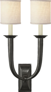 French Deco Horn Double Sconce in Bronze with Linen Shades