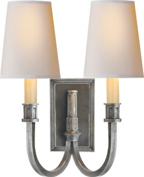 Modern Library Double Sconce in Sheffield Nickel with Natural Paper Shades