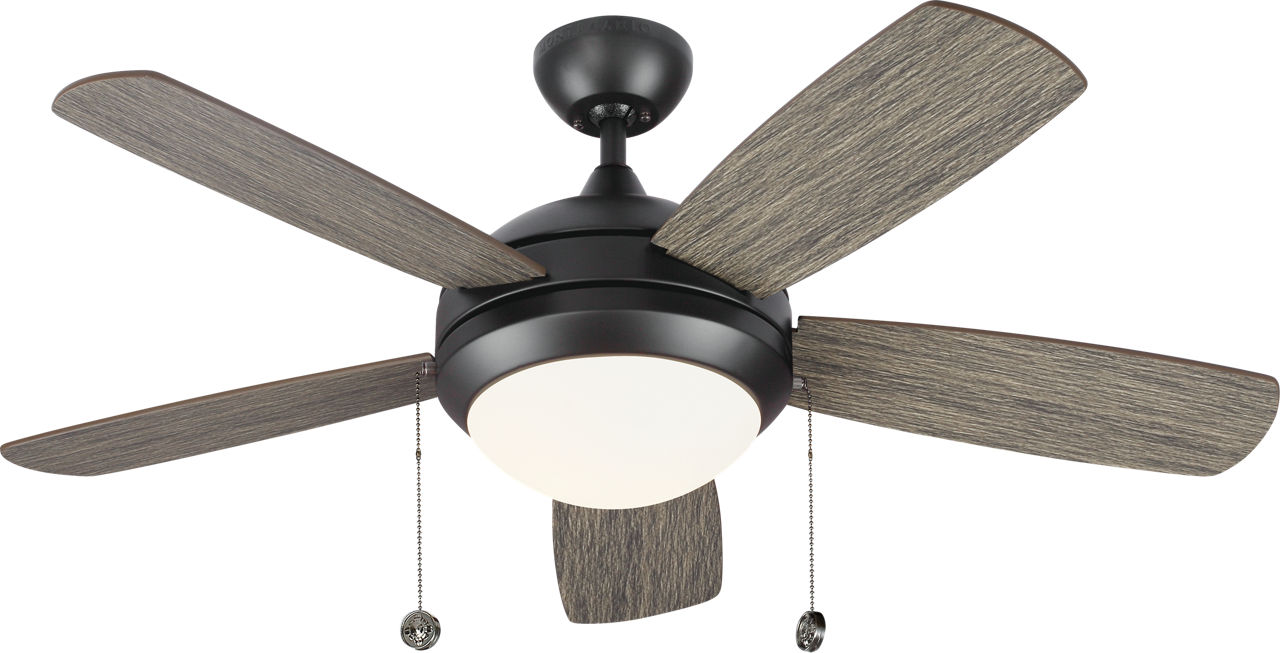 Discus Classic 44 LED Ceiling Fan in with Light Grey Weathered Oak Blades and Light Kit Aged Pewter