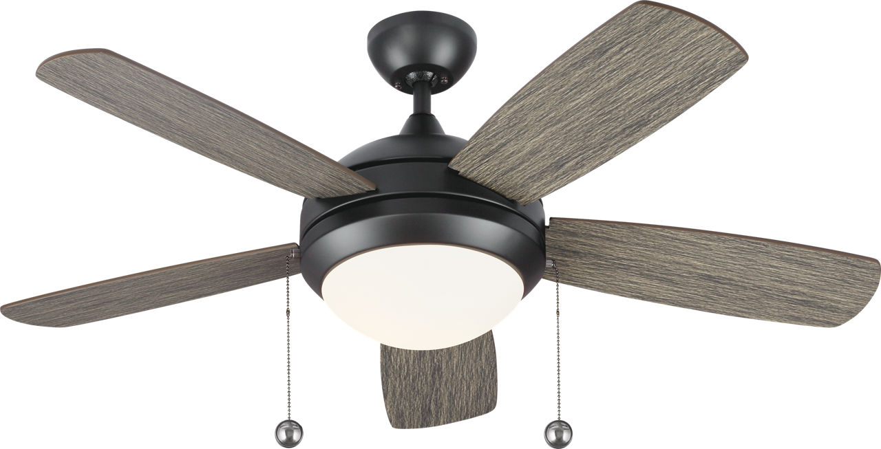 Discus Classic 44 LED Ceiling Fan in with Light Grey Weathered Oak Blades and Light Kit Aged Pewter