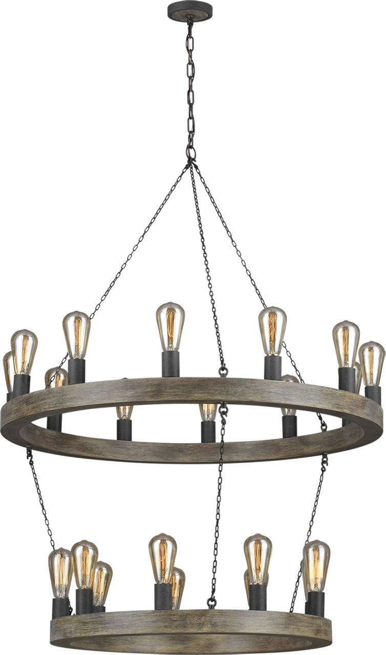Avenir Two-Tier Chandelier Weathered Oak Wood / Antique Forged Iron