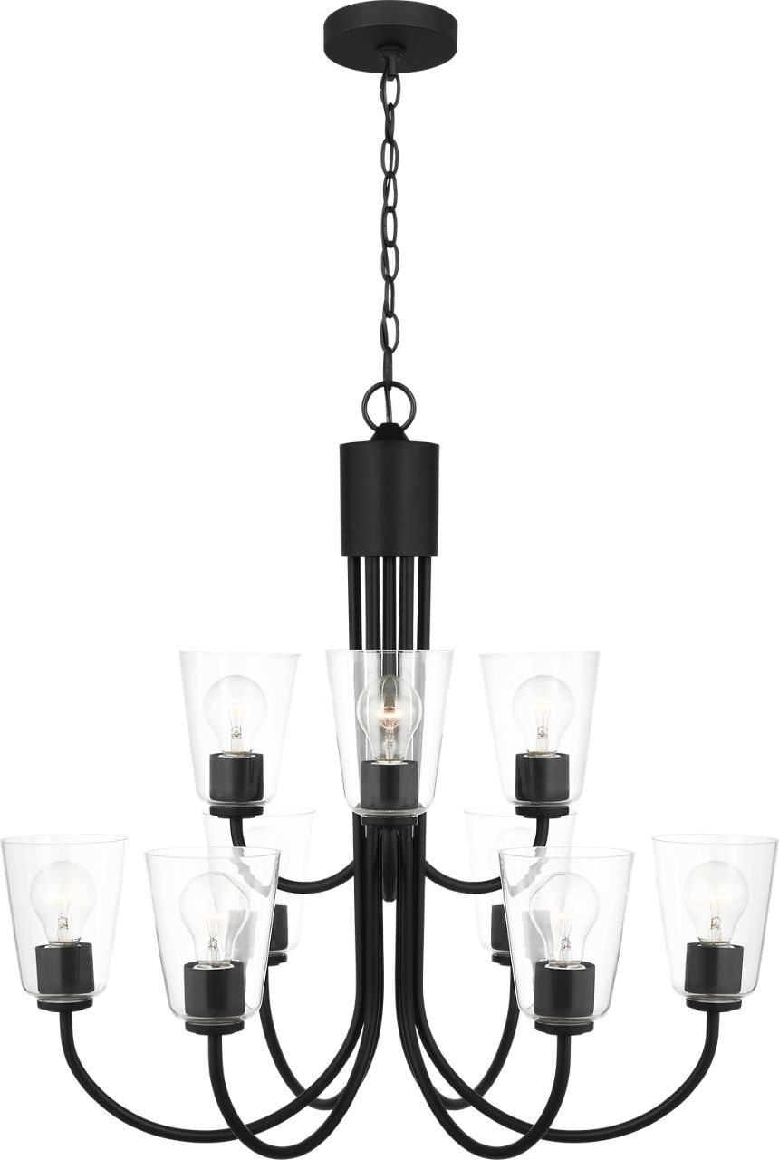 Miles Nine Light Chandelier in Midnight Black with Clear Glass Bulb(s) Not Included