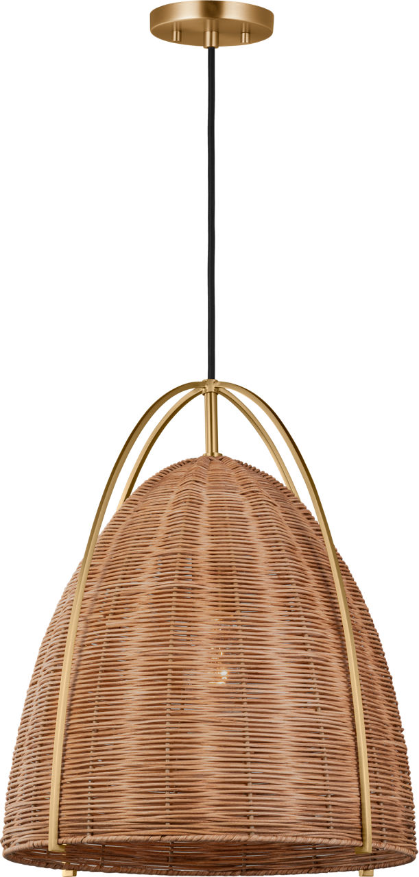 Norman Large Pendant in Satin Brass and Blonde Rattan