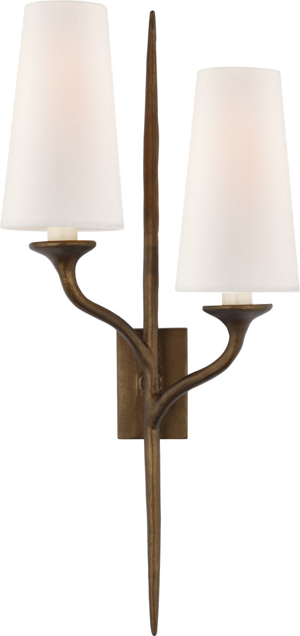 Iberia Double Left Sconce in Antique Bronze Leaf with Linen Shades