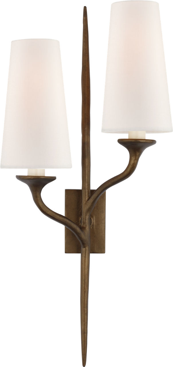 Iberia Double Right Sconce in Antique Bronze Leaf with Linen Shades